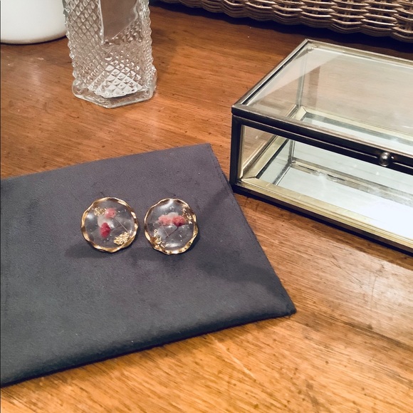 Pink Pressed Flowers Gold Foil Resin Earrings - Picture 2 of 4